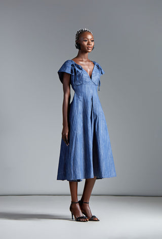 The Ruby Cape-Cut Midi Denim Dress: Bold Sophistication from Nouva’s Serge de Nîmes SS25 Collection