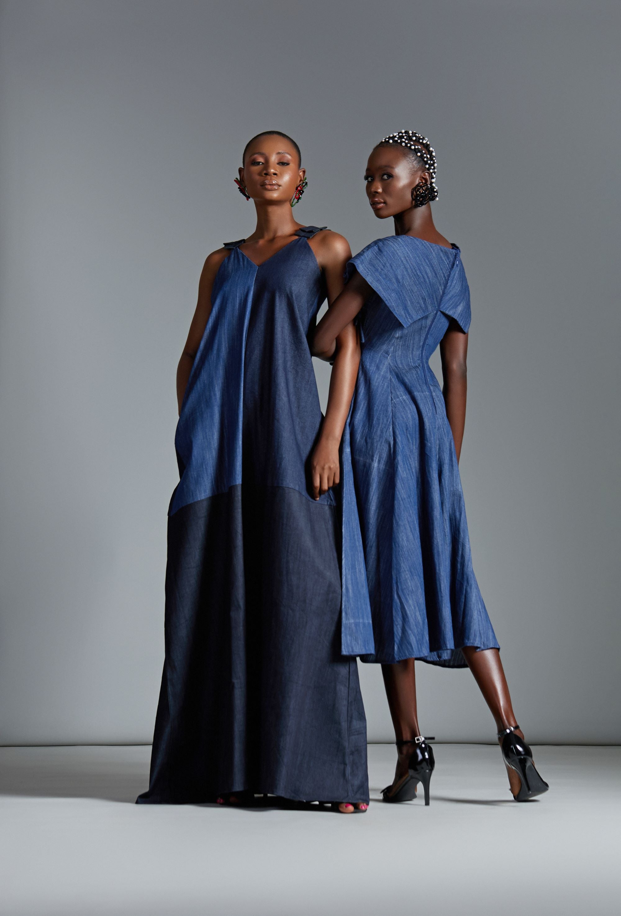 denim cape dress Two-tone Denim Panel Dress With Cape Overlay